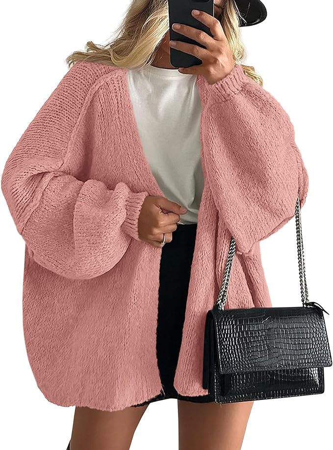 Long Lantern Sleeve Knit Open Front Lightweight Sweater