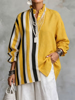 Vibrant Resort Cotton-linen Striped Blouse With Ruffle Collar