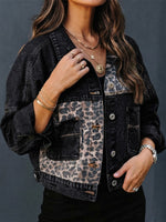 Wash Lapel Vintage Leopard Splice Cropped Loose Denim Jacket