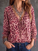 Women's Leopard Print V-Neck Tie-Waist 3/4 Sleeve Casual Loose Cotton Linen Top