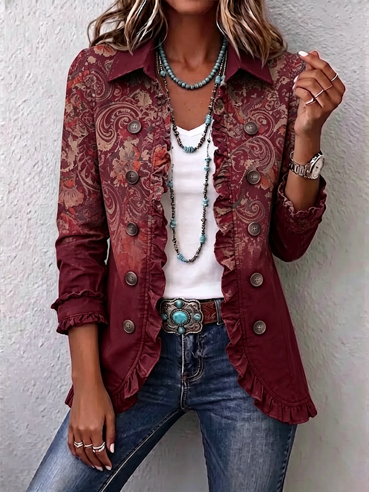 Boho-style Vintage Paisley Ruffled Jacket