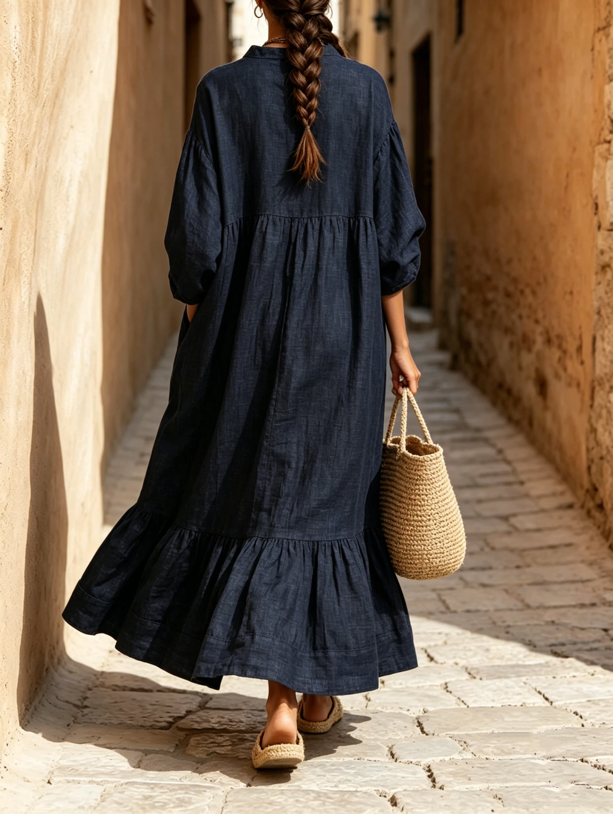 Loose-fit Resort Dress In A Linen Blend, Featuring A Stand Collar, Partial V-neck, Dropped Shoulders, And Three-quarter Sleeves