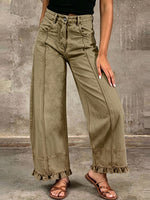 Vintage-Inspired Washed Denim Ruffled Wide-Leg Pants