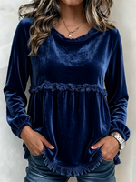Round Neck Fringe Trim Spliced Velvet Lantern Long Sleeve Babydoll Top