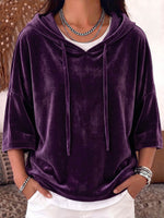 Women's Solid Color 3/4 Sleeve Casual Loose Velvet Hooded Top