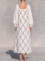 Women's Geometric Print Square Neck Long-sleeved Casual Loose Cotton Linen Dress