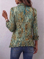 Boho-style Vintage Green Leopard Print Ruffled Jacket