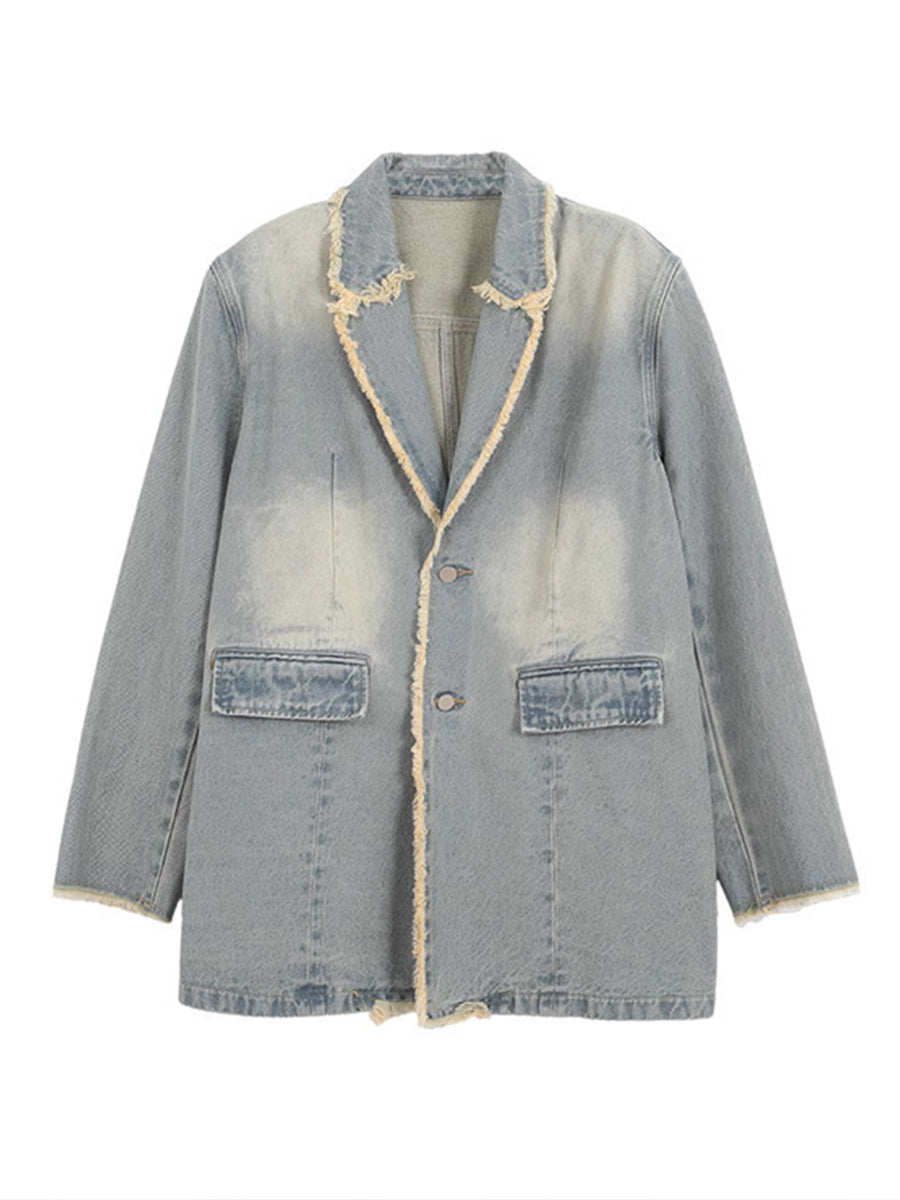 Vintage-style Casual Oversize Denim Jacket With Raw Edges