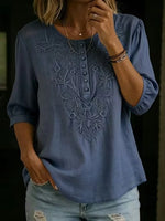 Women's Loose-fit Cotton-linen Embroidered Short-sleeve Round-neck Top