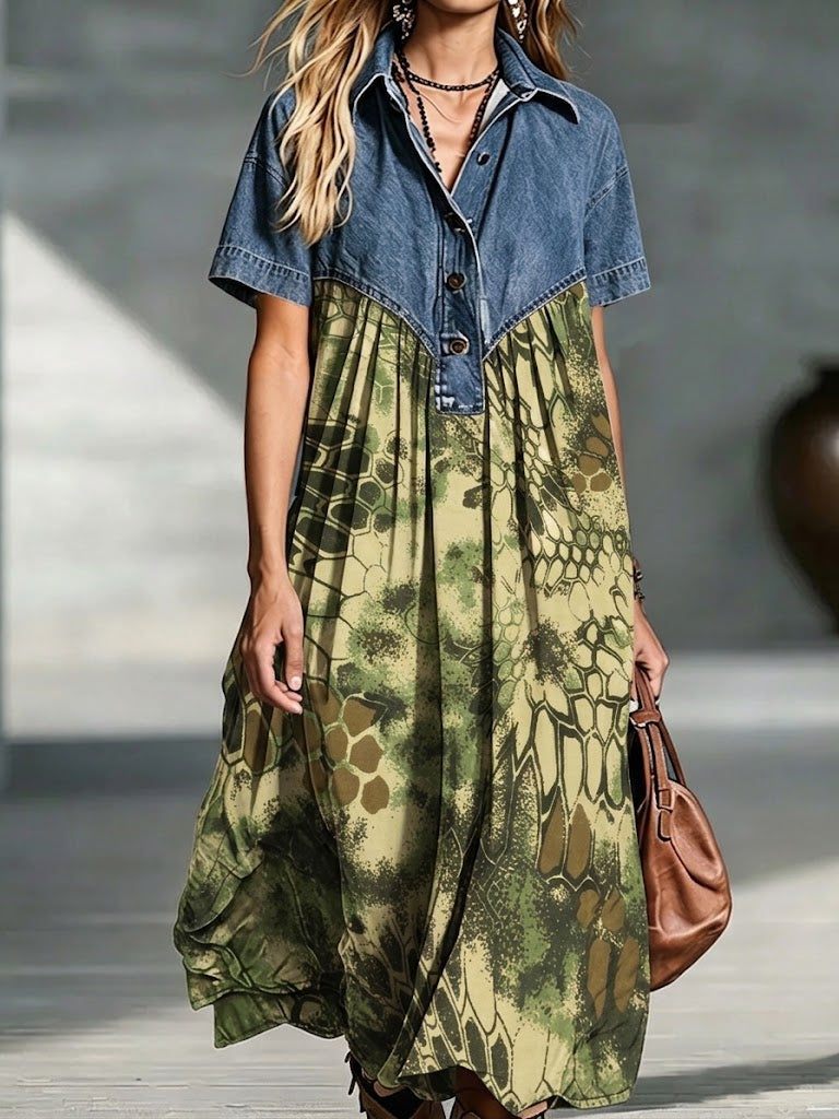 Denim Collar Camo Snake Print Spliced Loose Short Sleeve Midi Dress