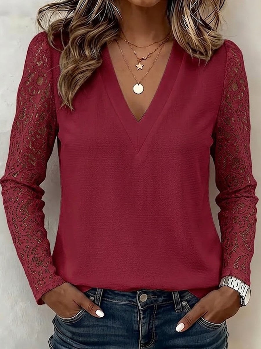 Solid V-neck Floral Hollow Lace Spliced Long Sleeve Casual Top