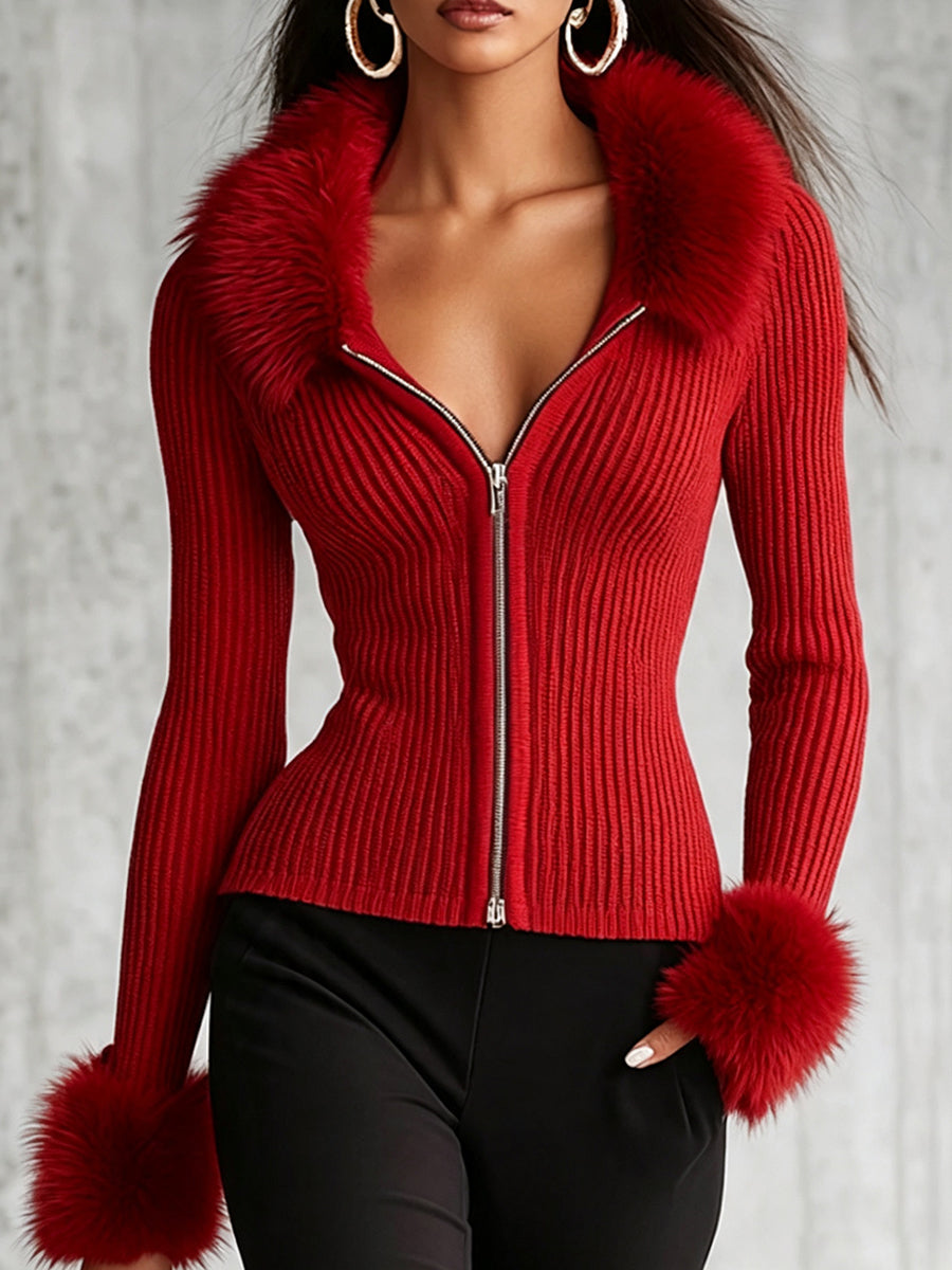 Chic Faux Fur Trim Ribbed Zip-Up Knit Top