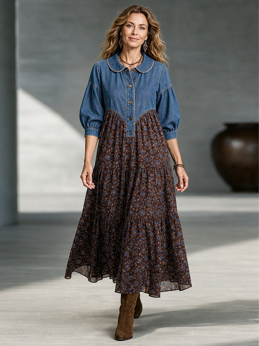 Boho-chic Denim Bodice Long Sleeve Floral Tiered Swing Maxi Dress