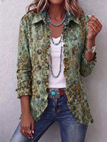 Boho-style Vintage Green Leopard Print Ruffled Jacket