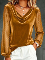 Velvet And Polka-dot Mesh Panel Top With Cowl Neck And Long Lantern Sleeves