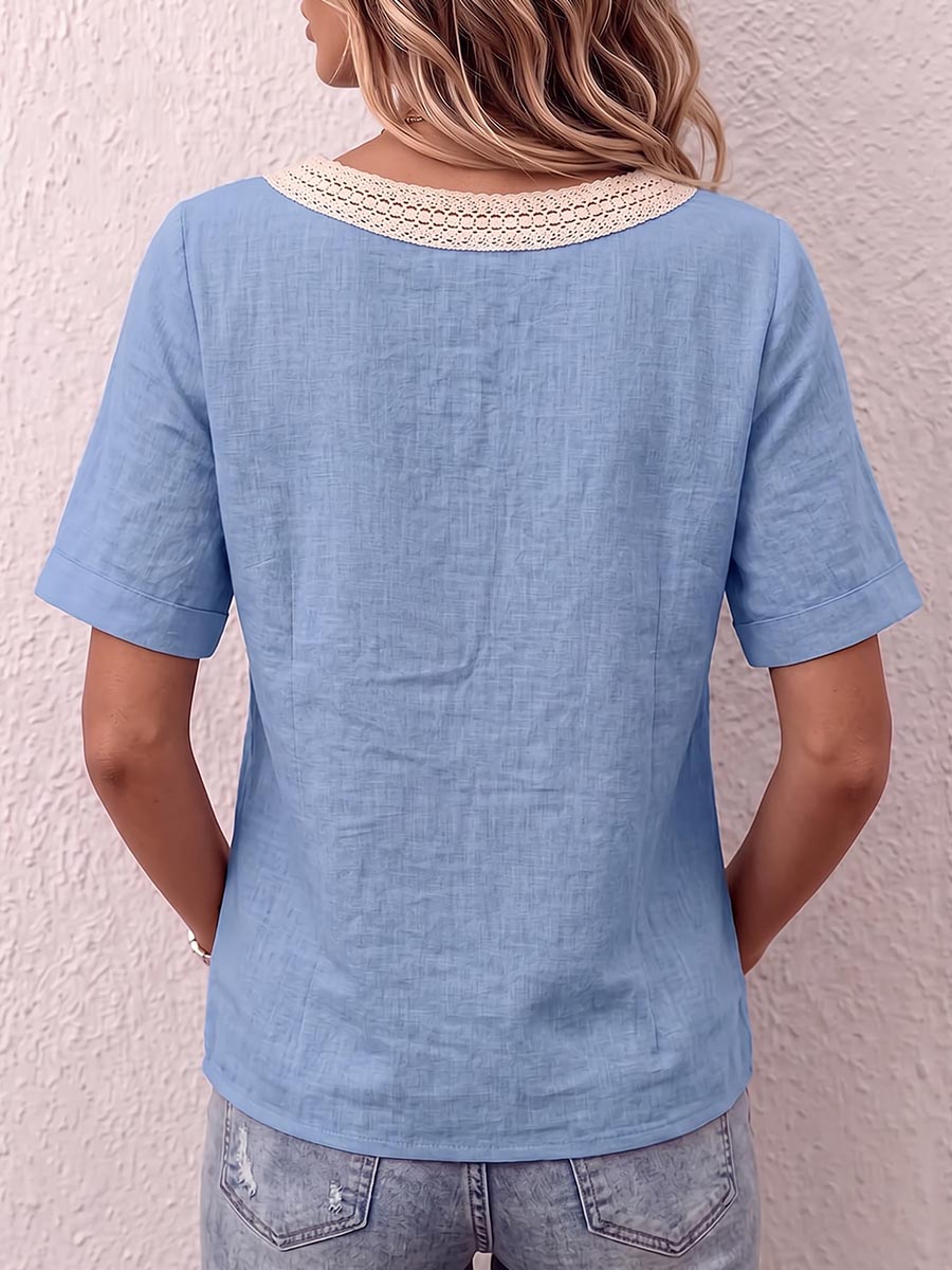 Women's Solid Color Round Neck Short-sleeved Cotton And Linen Top With Lace Trim