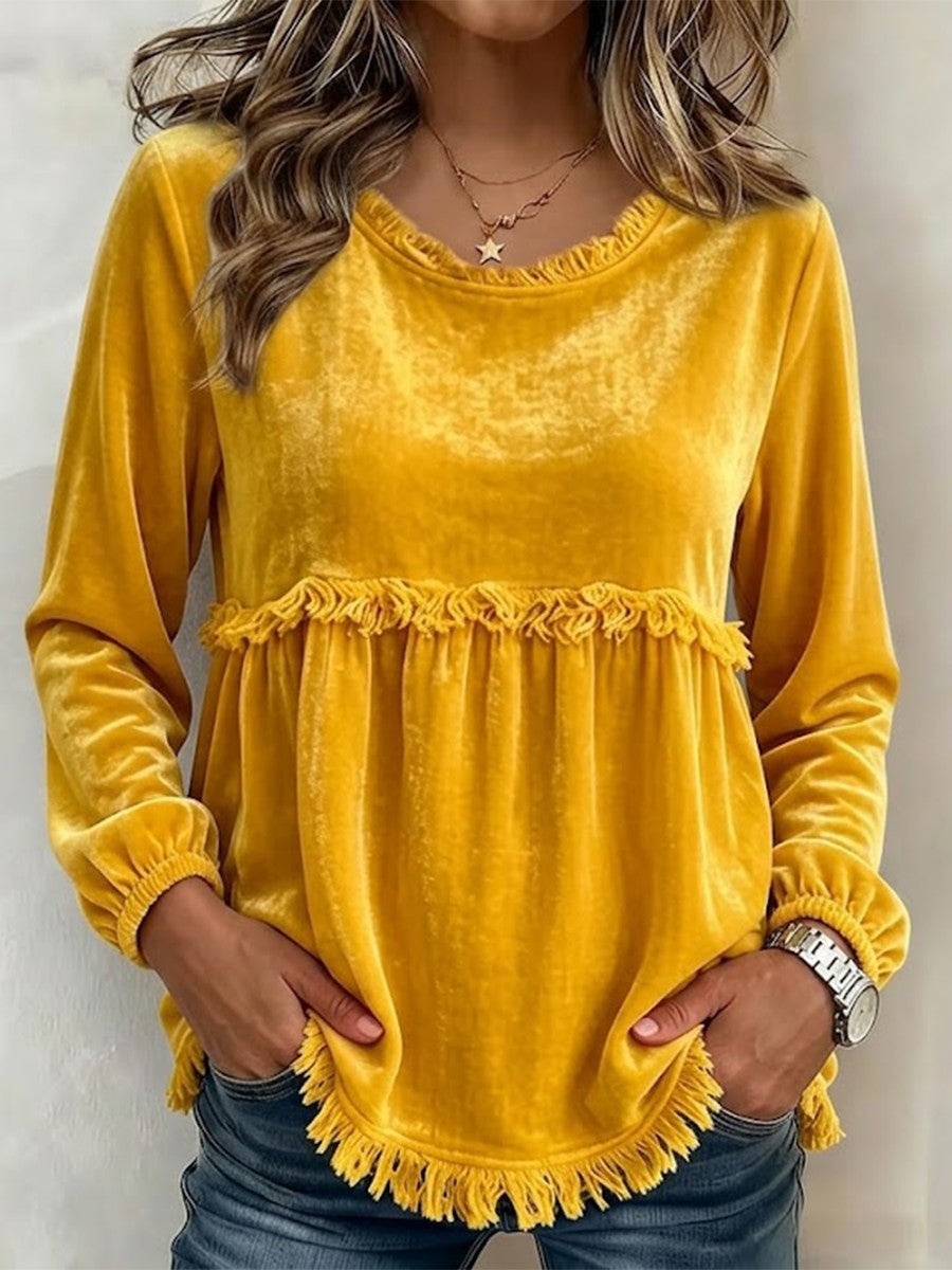 Round Neck Fringe Trim Spliced Velvet Lantern Long Sleeve Babydoll Top