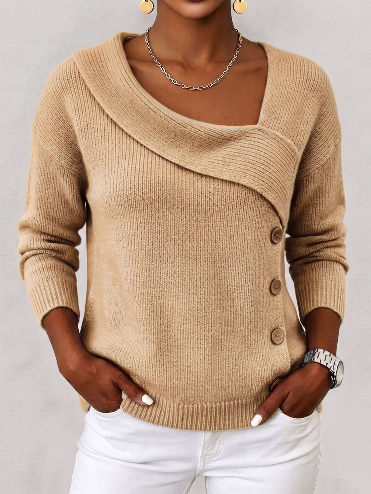 Elegant Asymmetrical Button-up Sweater
