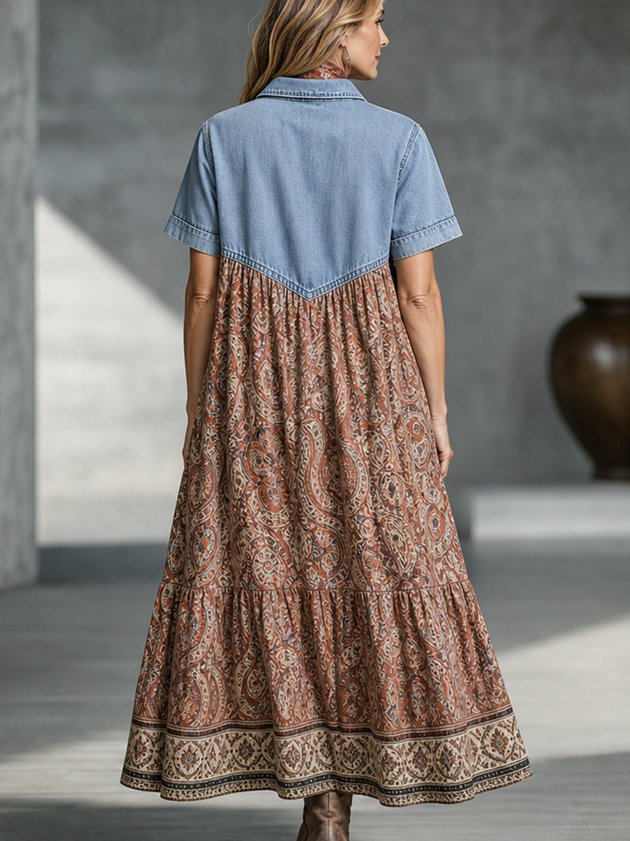 The Western Boho Denim-Patch Paisley Tiered Maxi Dress