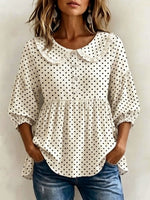 Women's Polka Dot Print Peter Pan Collar 3/4 Sleeve Casual Loose Cotton Linen Top