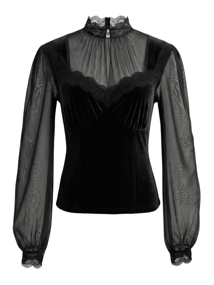 Vintage-style Bohemian Patchwork Lace And Stretch Velvet Top