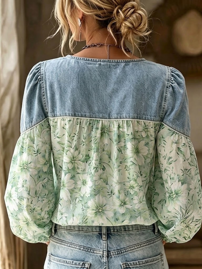 Boho-style Floral Patchwork Denim Shirt