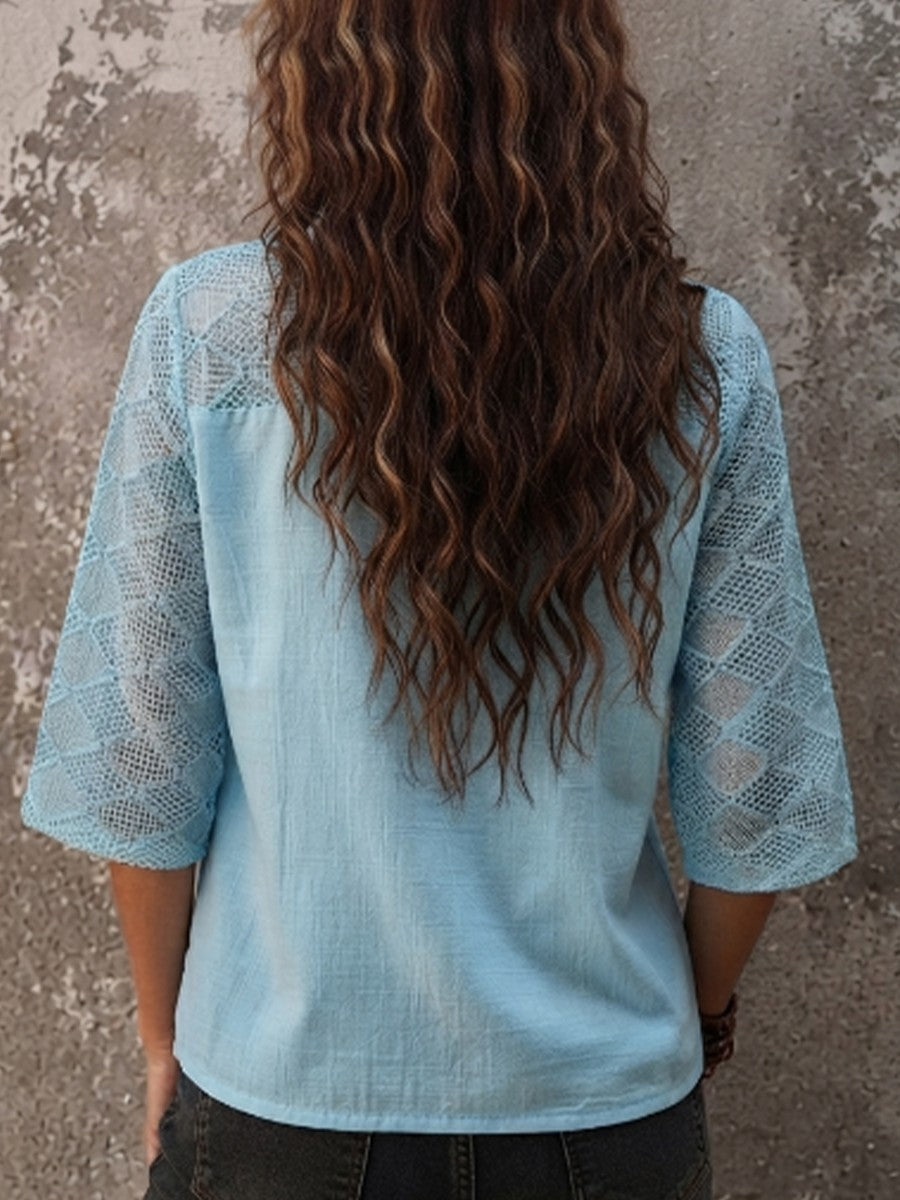 Casual Solid-color V-neck Batwing-sleeve Top With Cut-out Detail