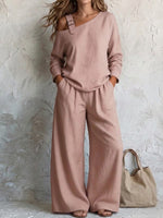 One Shoulder Strap Long Sleeve Top & High Waist Wide Leg Pants Linen Blend Two Piece Set