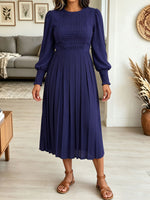Women's Chiffon Pleated Midi Dress, Puff Sleeve Smocked Cuff Casual A-Line Dress