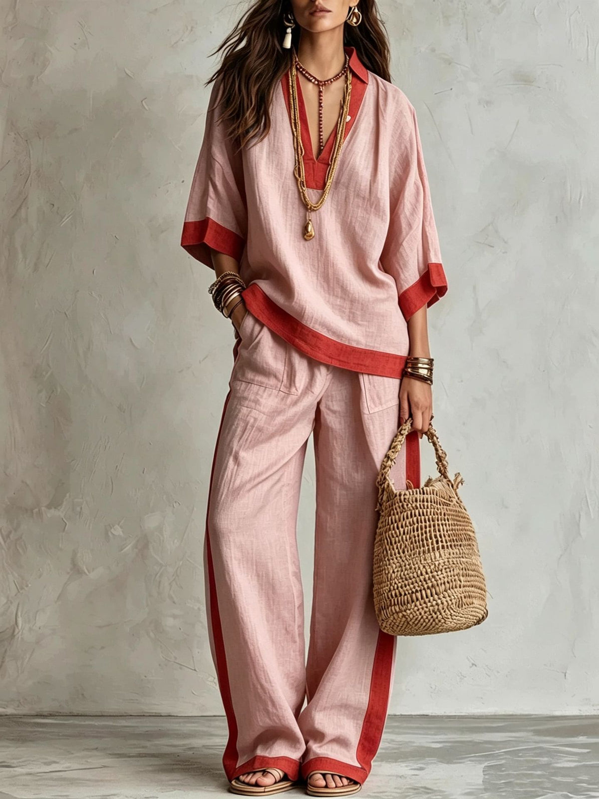 Contrast Trim Linen V-Neck Top & Striped Wide-Leg Pants Two-Piece Set