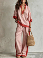 Contrast Trim Linen V-Neck Top & Striped Wide-Leg Pants Two-Piece Set