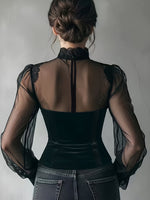 Vintage-style Bohemian Patchwork Lace And Stretch Velvet Top