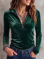 Women's Solid Color Stand Collar Long-sleeved Casual Loose Velvet Top