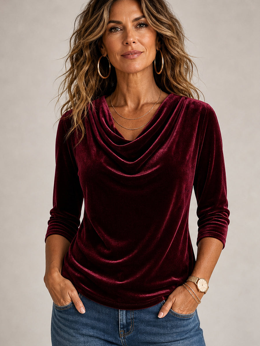 Wine Red Luxe Velvet Cowl Neck Top