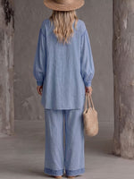 Women's Printed V-neck Long-sleeved Casual Loose Cardigan With A Shorter Front And Longer Back High-waisted Casual Wide-leg Pants Cotton And Linen Set