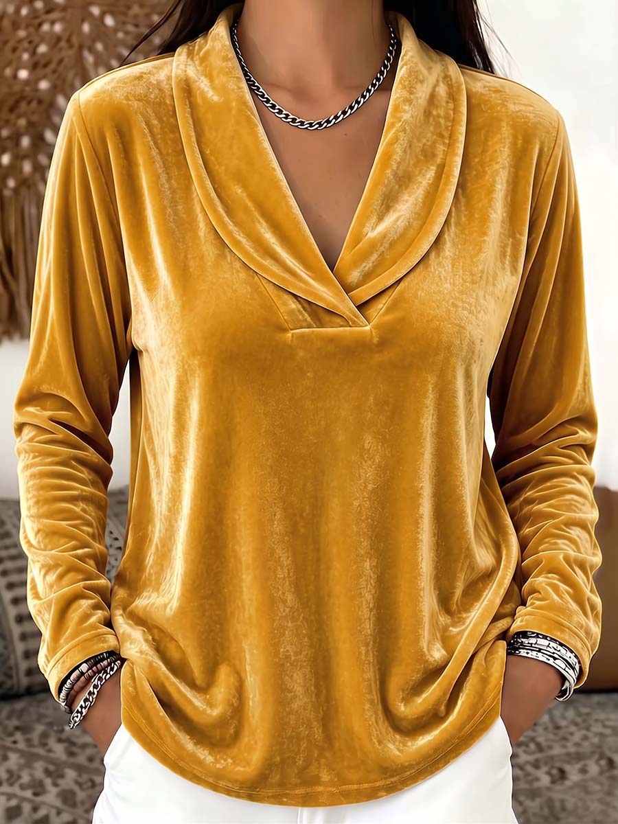 Women's Solid Color Lapel Long-sleeved Casual Loose Velvet Top