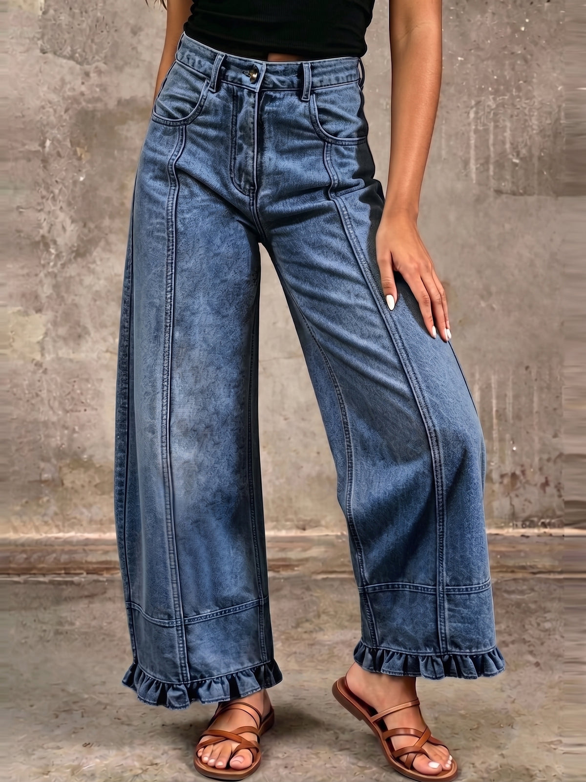 Vintage-Inspired Washed Denim Ruffled Wide-Leg Pants