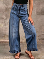 Vintage-Inspired Washed Denim Ruffled Wide-Leg Pants