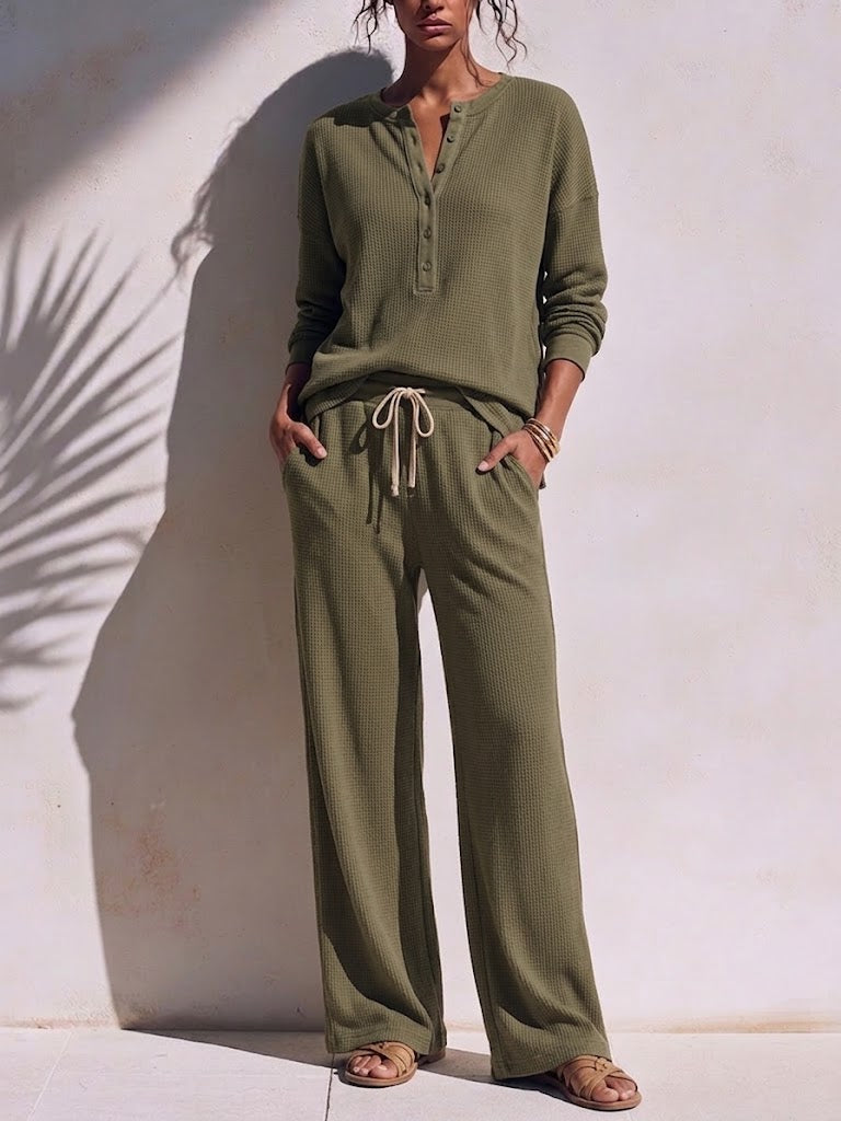 Cozy And Casual Waffle-knit Cotton Henley Shirt And Pants Two-piece Set