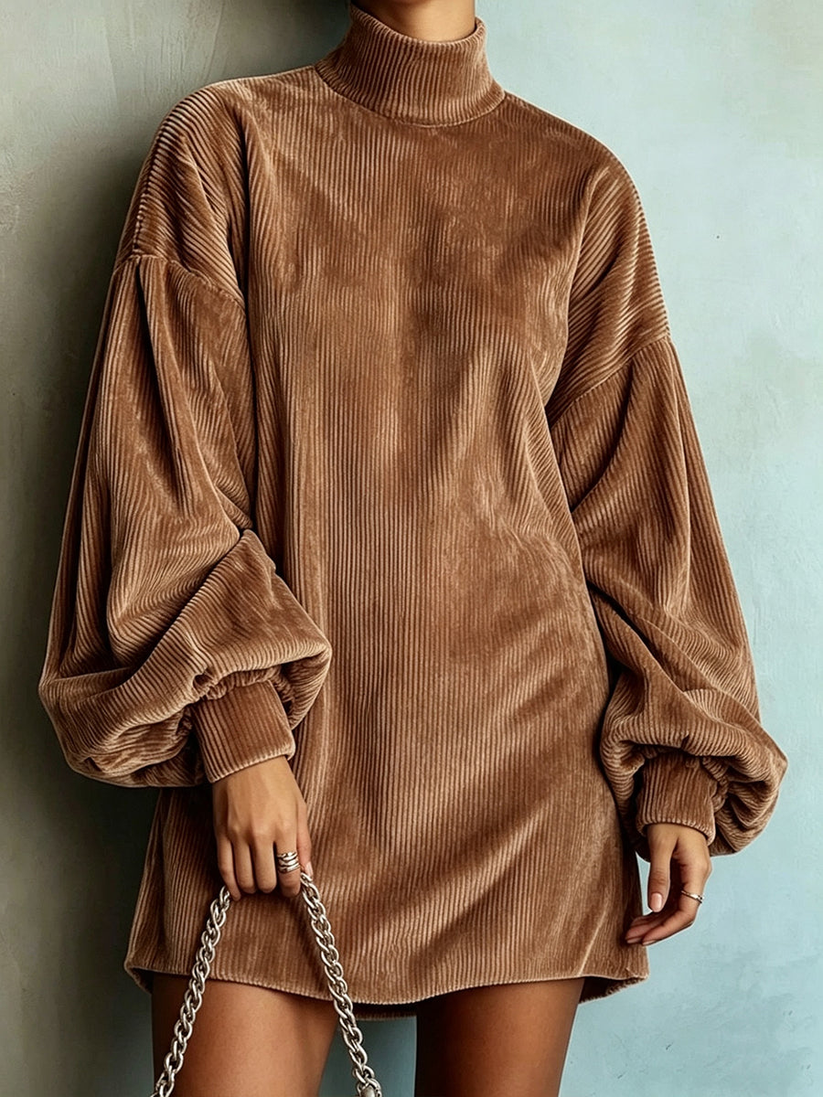 Loose And Cozy Corduroy Lantern-sleeve Mini Dress