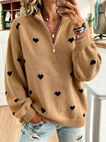 Cozy Half-zip Knit Pullover With Heart Pattern
