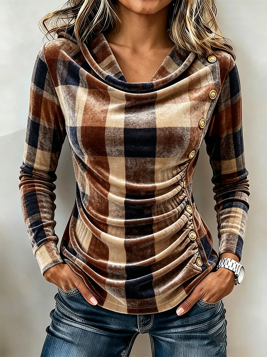 Elegant Plaid Velvet Ruched Top