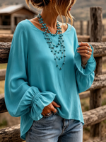 Elegant Boat Collar Ruffle Cuffs Turquoise Blouse