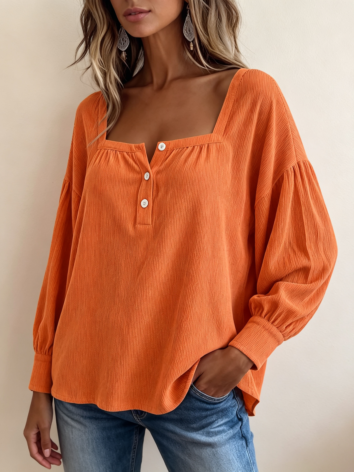 Cozy Chic Textured Orange Corduroy Square-neck Blouse