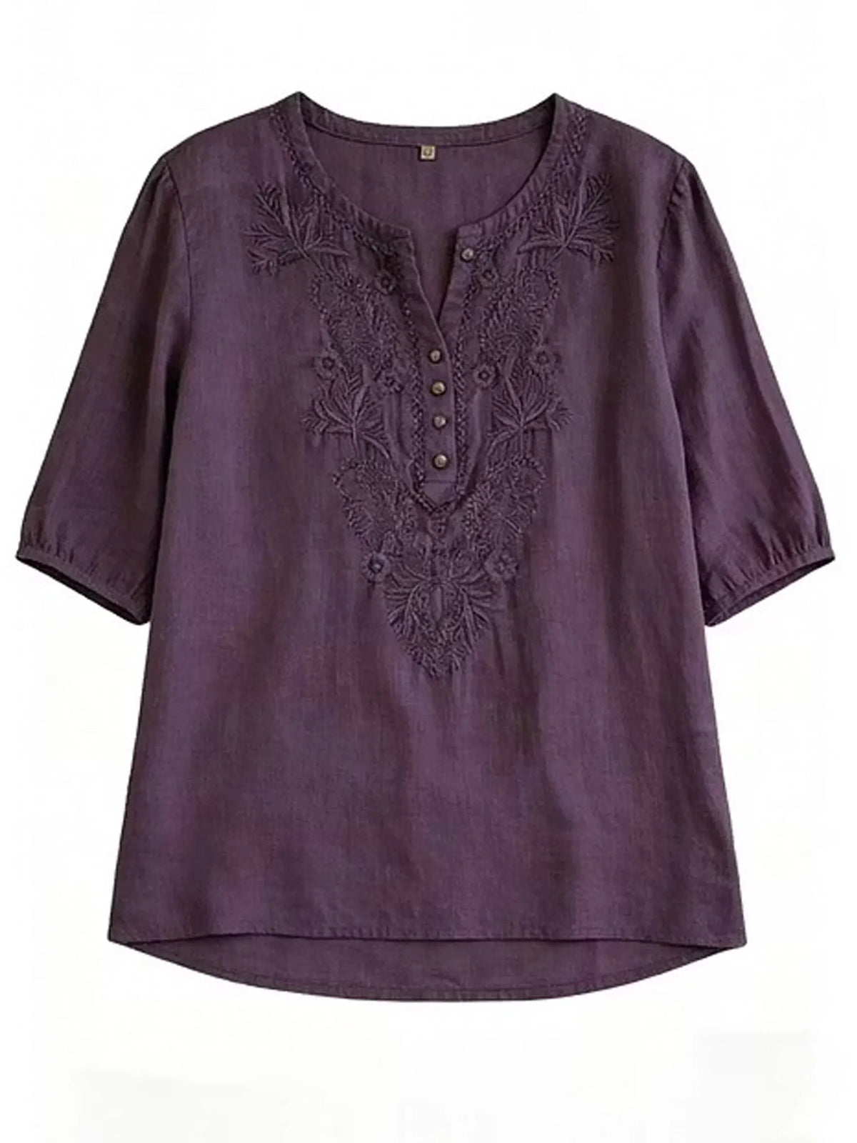Women's Loose-fit Cotton-linen Embroidered Short-sleeve Round-neck Top