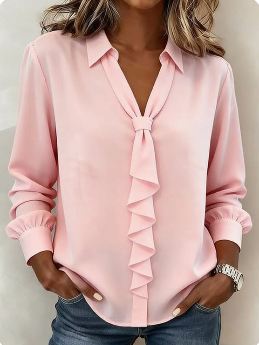 Elegant Blush Knotted Ruffle-Front Blouse