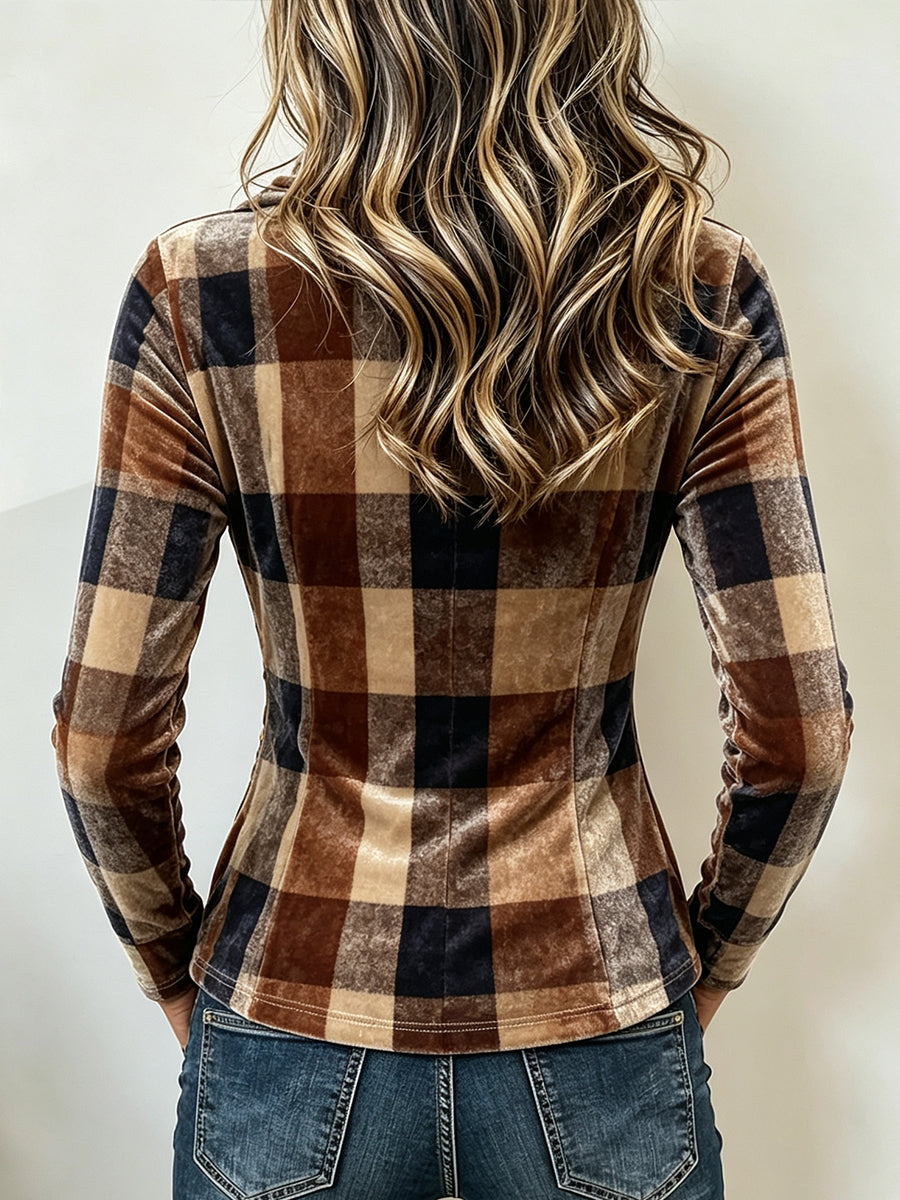 Elegant Plaid Velvet Ruched Top