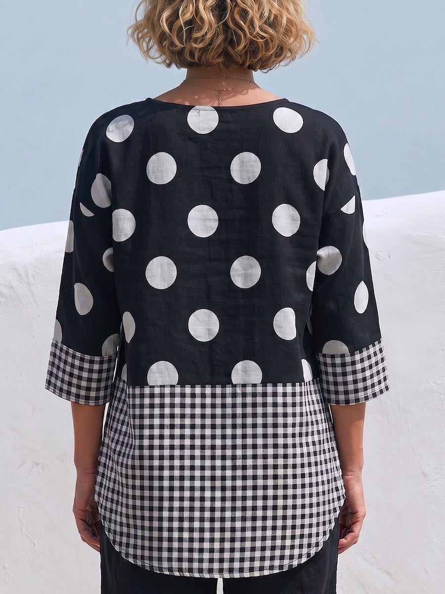 Women's Casual Loose Cotton-linen Top With Polka-dot And Plaid Panel Prints, Crew Neck, And 3/4 Sleeves