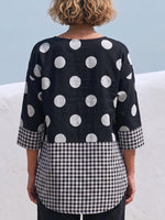 Women's Casual Loose Cotton-linen Top With Polka-dot And Plaid Panel Prints, Crew Neck, And 3/4 Sleeves