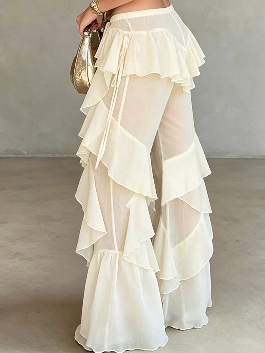 High-waisted Tencel Slight-flare Trousers With Side Lacing And Tiered Ruffles
